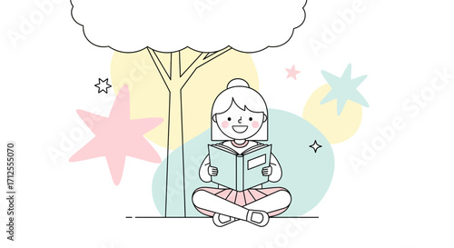 Girl Joyfully Reading Under a Tree, Illustrating a Peaceful Moment of Knowledge