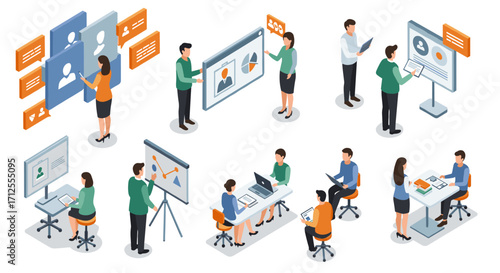 Office collaboration and teamwork in isometric business meeting scenarios