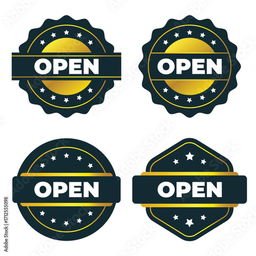 Open Sign Collection. Gold and Dark Blue Badges  Labels  and Emblems