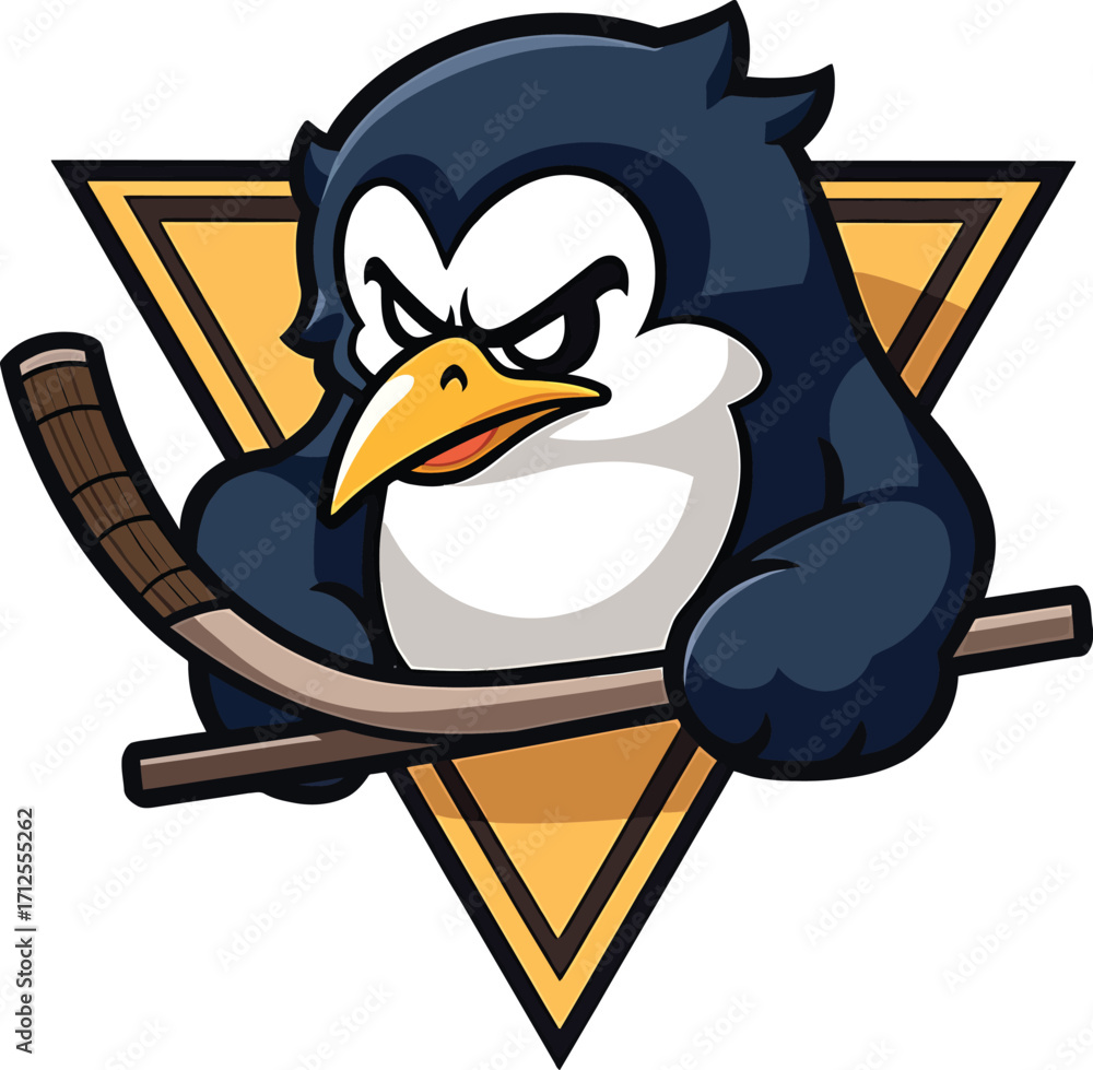 Fototapeta premium Serious penguin holding hockey stick, cold arctic bird winter sports mascot