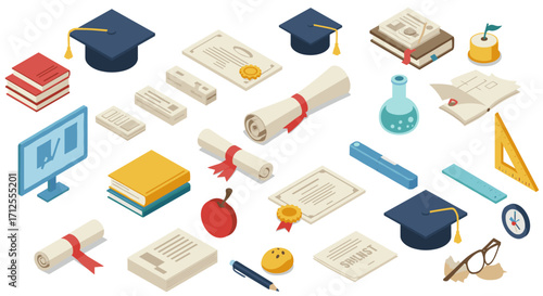 Isometric education elements with books, diplomas, and graduation caps for academic themes