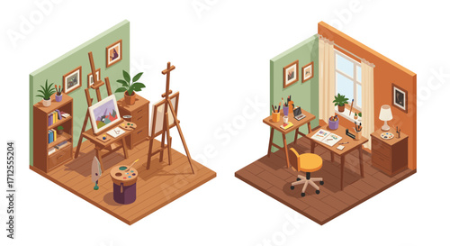 Cozy home art studios with easel and desk in isometric style