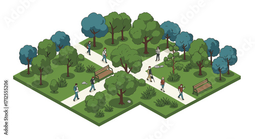 Isometric park with trees and people walking on pathways in a green landscape