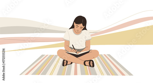 Girl Meditates And Writes In A Journal, Artistic Illustration With Calm And Focused Atmosphere