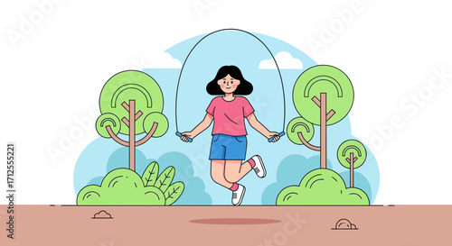 Girl Jumping Rope in Park with Trees and Blue Skies, Fun Workout Activities
