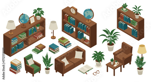Cozy home library isometric set with bookshelves, furniture, and decor