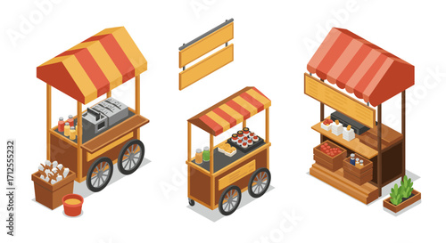 Isometric food stalls with striped awnings and assorted street food items