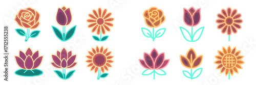 Colorful flower illustrations showcasing a variety of designs and styles in bright neon tones on a white background
