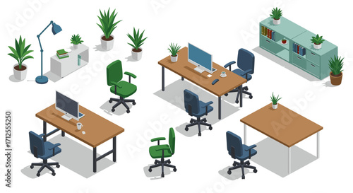 Modern isometric office workspace with furniture and plants