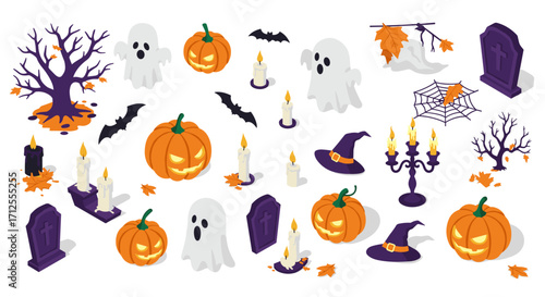 Spooky halloween isometric elements with ghosts, pumpkins, and haunted decorations
