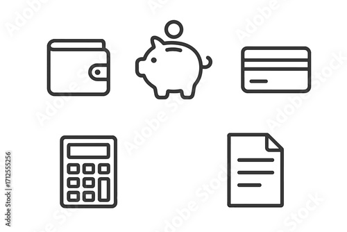 Financial icon set with minimalist outline symbols. For money, banking, budget, and savings concepts. Includes wallet, piggy bank, credit card, calculator, document vector icons.