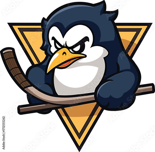 Serious penguin holding hockey stick, cold arctic bird winter sports mascot