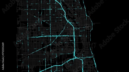 Urban Traffic Flow Map Simulation in Chicago, Illinois, GPS Smart city route Transportation