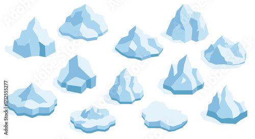 Low poly iceberg set: geometric arctic shapes for climate and nature themes