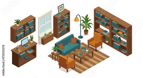 Cozy isometric home library with sofa and bookshelves