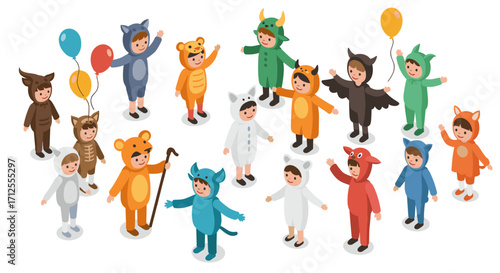 Isometric children in animal costumes celebrating with balloons and joyful expressions