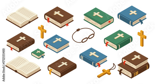 Isometric collection of religious books and accessories with crosses