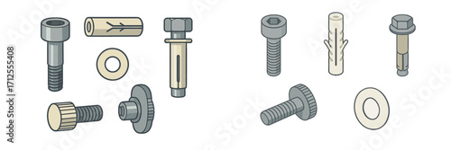 Different types of fasteners and hardware pieces displayed on a plain background for educational purposes