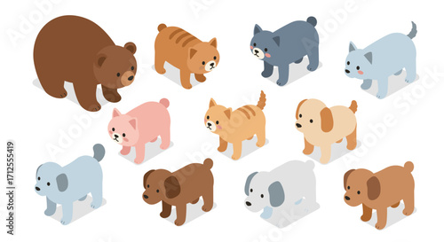 Cute isometric animals collection with adorable cats, dogs, and bear