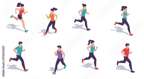 Dynamic isometric jogging and running figures in colorful activewear