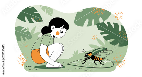 Girl Observing The Insect, Botanical Illustrations, Vector Elements, Minimalist Artwork