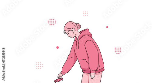 Girl Offering Candy in Pink Hoodie, Minimalistic Illustration for Digital Art Enthusiasts