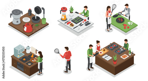 Isometric kitchen scene: cooking and food preparation activities