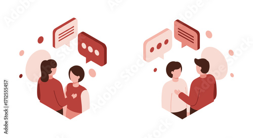 Isometric conversation: abstract people engaging with speech bubbles