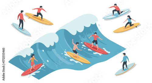 Isometric surfing scene with diverse surfers riding ocean waves for beach adventure themes