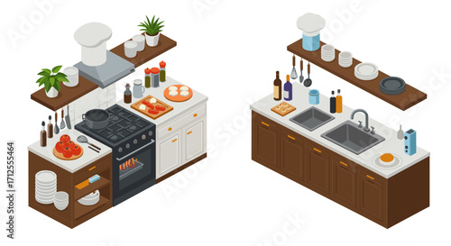Isometric kitchen design featuring modern cabinets and appliances