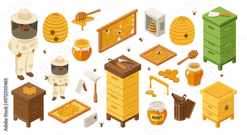 Beekeeping essentials in isometric style: hives, honey, and tools