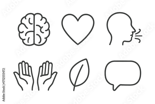 Mental health and well-being icon set. Brain, heart, breathing, hands, leaf, speech bubble. Mindfulness, psychology, self-care, emotions, communication, support concept.