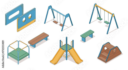 Isometric playground equipment collection: swings, slides, climbing structures, and benches