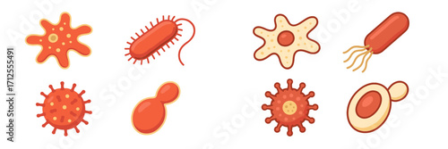 Colorful illustrations of various microorganisms including bacteria and viruses in red tones on a white background