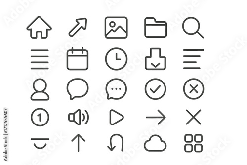 Minimalist line icon set for user interface design. Collection of simple outline pictograms for web and mobile apps. UI UX kit with navigation, communication and media symbols.