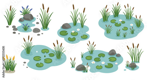 Collection of flat designed natural pond scenes with lily pads and reeds