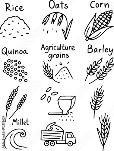 Agricultural Grain Icon Set Vector Featuring Rice, Corn, Oats, Quinoa, Barley, Millet, Wheat, Mill, and Harvest Truck
