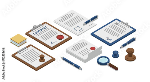Isometric office contract setup with documents and seals