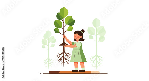 Girl Planting A Sapling, Promoting Environmental Awareness And Future Of Nature
