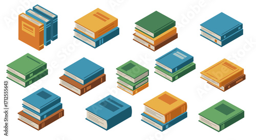 Isometric colorful book stacks on white background for education and publishing themes