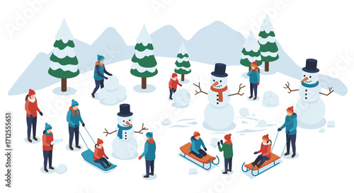 Winter fun day with families and snowmen in a scenic mountain park setting