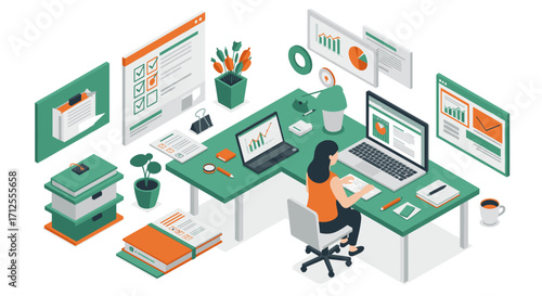 Isometric office workspace with business analytics and technology elements