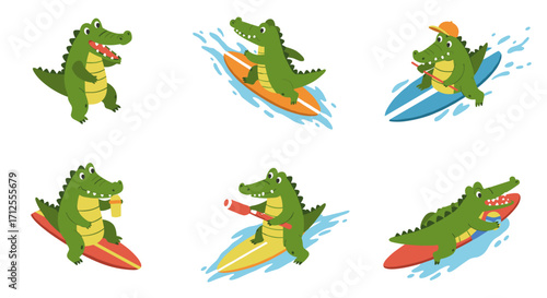 Playful cartoon crocodiles surfing with tropical drinks and beach vibes