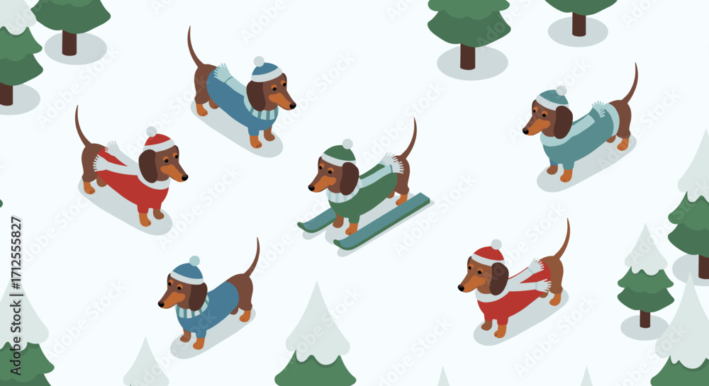 Fototapeta premium Festive dachshunds ski and sled in a whimsical winter wonderland