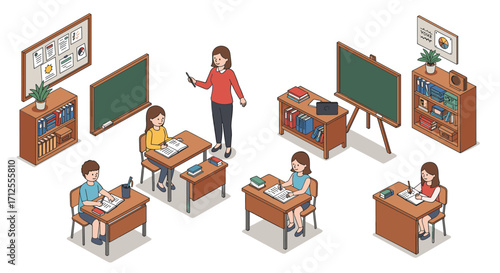 Classroom learning scene with teacher and students in isometric style