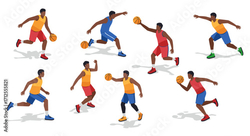 Dynamic basketball players in action on white background
