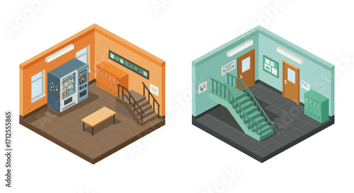 Isometric school hallway with vending machines and lockers in two room designs