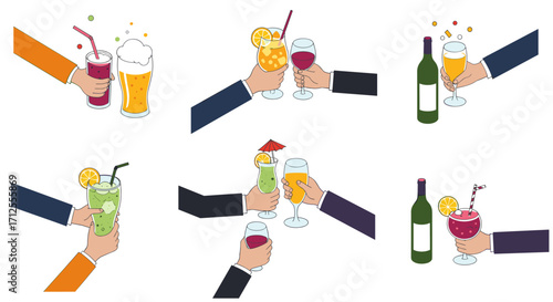 Colorful flat style beverage collection with hands holding various drinks