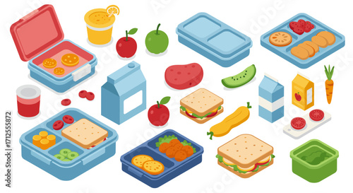 Colorful packed lunches with fresh foods and reusable containers in isometric style