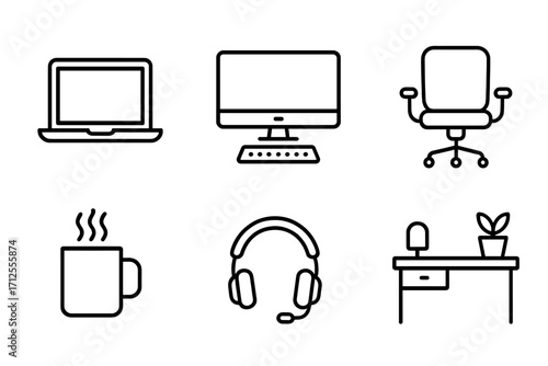 Minimalist linear home office icon set for remote work. Vector line art essentials for freelance business. Workspace symbols: laptop, computer, desk, chair, headset.